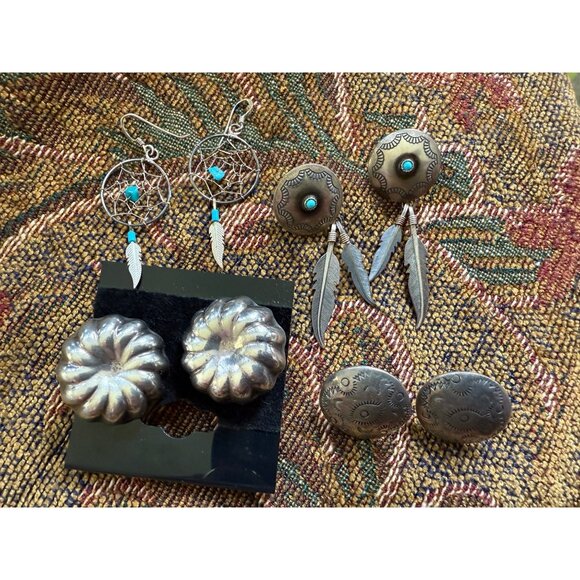 Handcrafted Sterling Silver Earrings Set Of 4 Native American & Mexico Signed Fe - Picture 1 of 4
